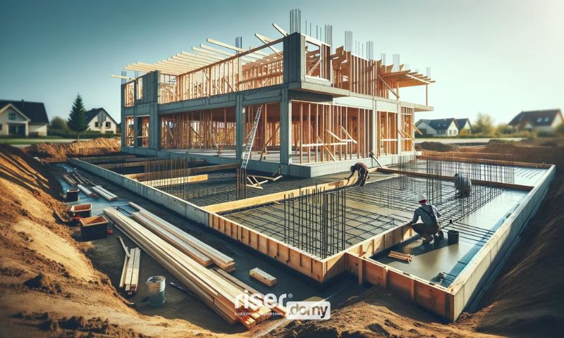 Pierwsze etapy budowy domu. Robotnicy pracują przy fundamentach. W tle widaćrezydencję w budowie podczas wznoszenia ścian.